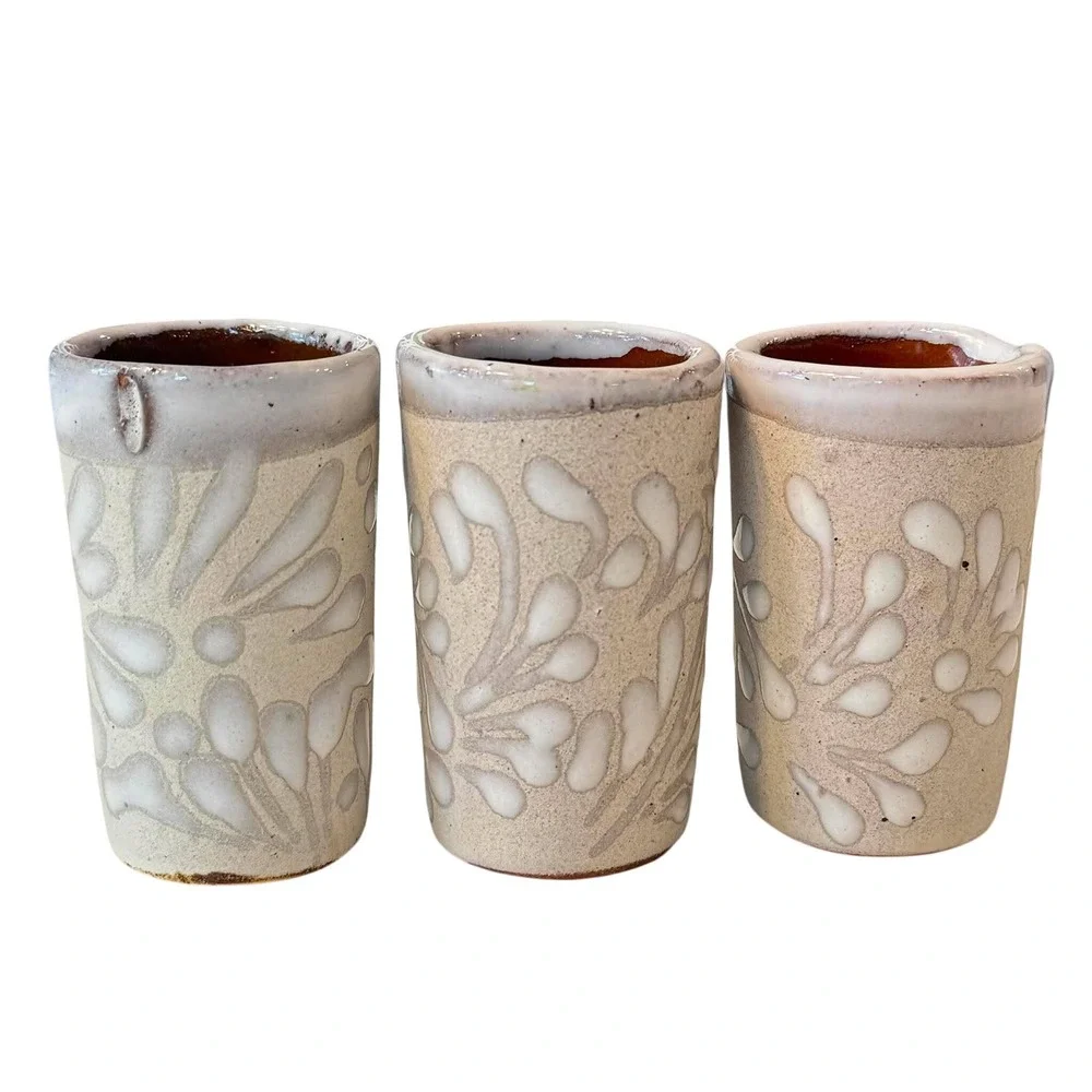 Vtg Mexican Stoneware Shot Glasses Set of 3 Talavera Floral Relief Tequila Cups